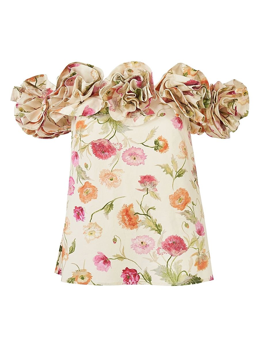 Women's Floral Stretch-Cotton Off-The-Shoulder Top - Almond Multi - Size 14