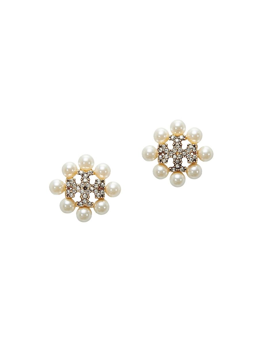 Women's Kira Silvertone, Cubic Zirconia & Imitation Pearl Logo Earrings - Tory Gold Pearl Crystal