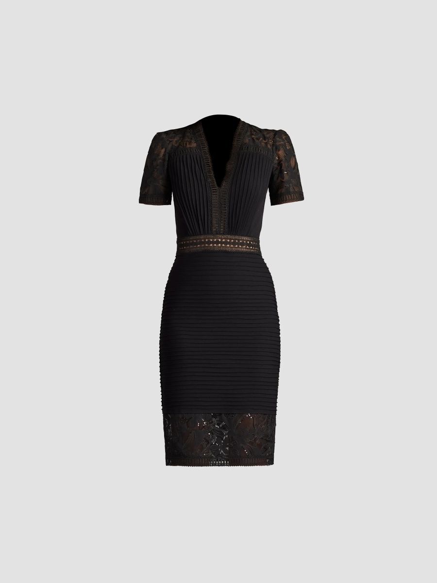 Tadashi Shoji Women's Pintuck Laced Sheath Knee-Length Dress - Black - Size 16