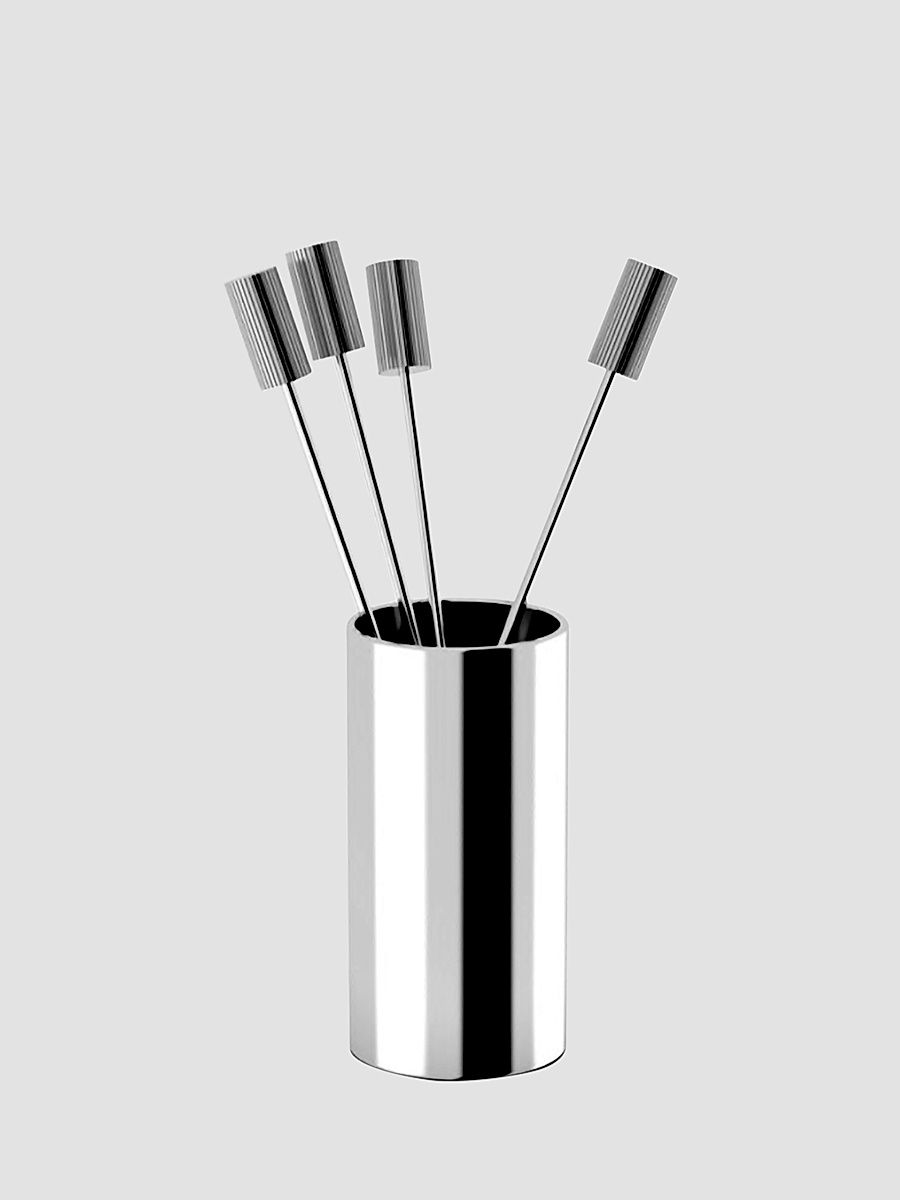 Striations 5-Piece Stainless Steel Cocktail Pick & Holder Set - Silver