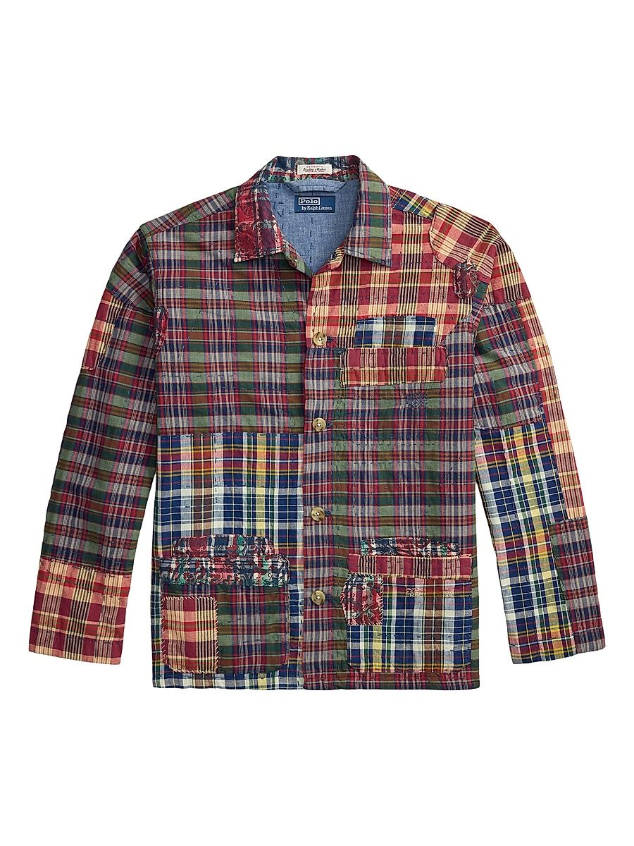 Men's Madras Topstiched Patchwork Cotton Shirt - Madras Piecing - Size XXL