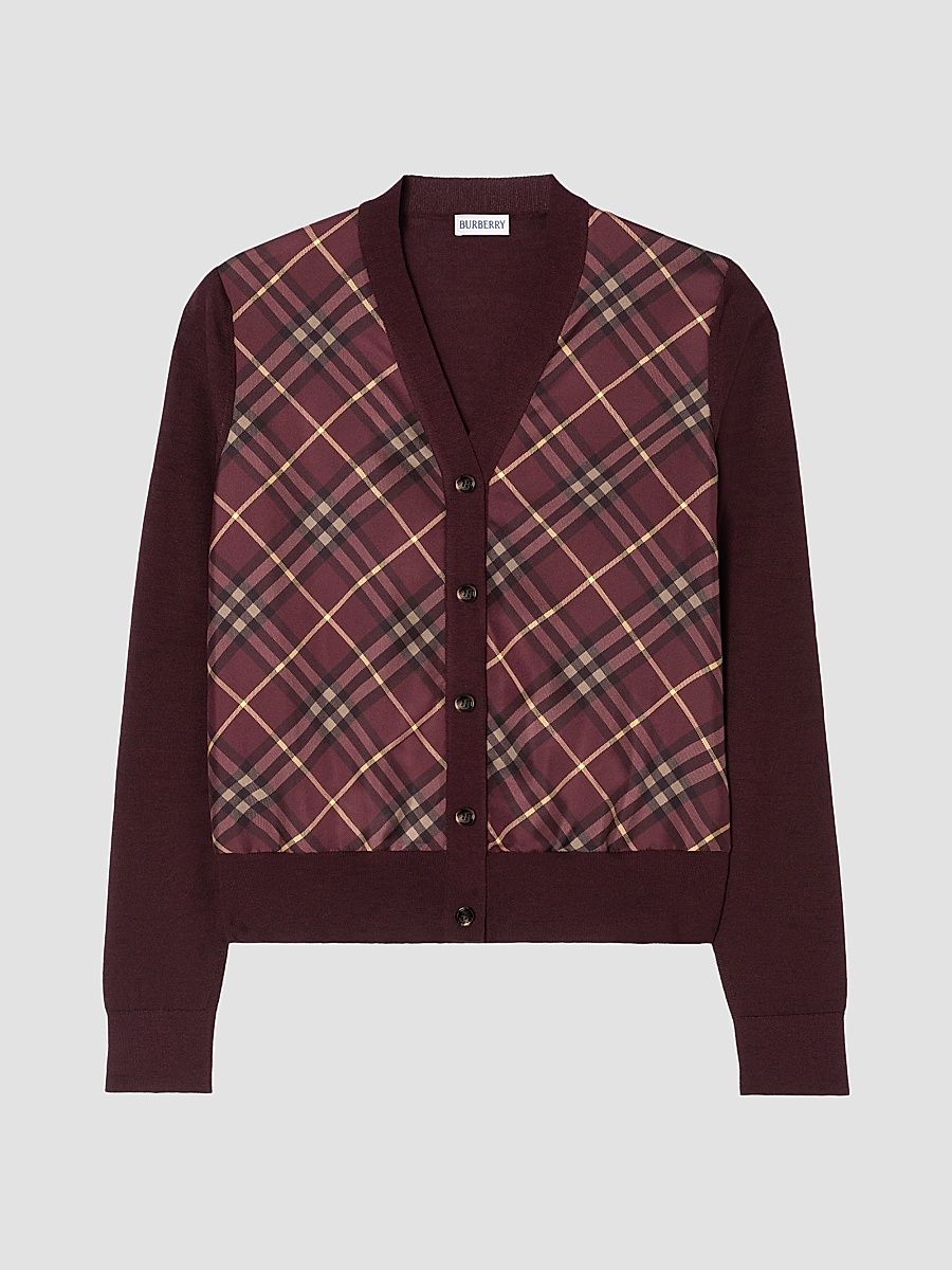 Women's Check Panel Wool-Silk Cardigan - Vineyard Red - Size Large