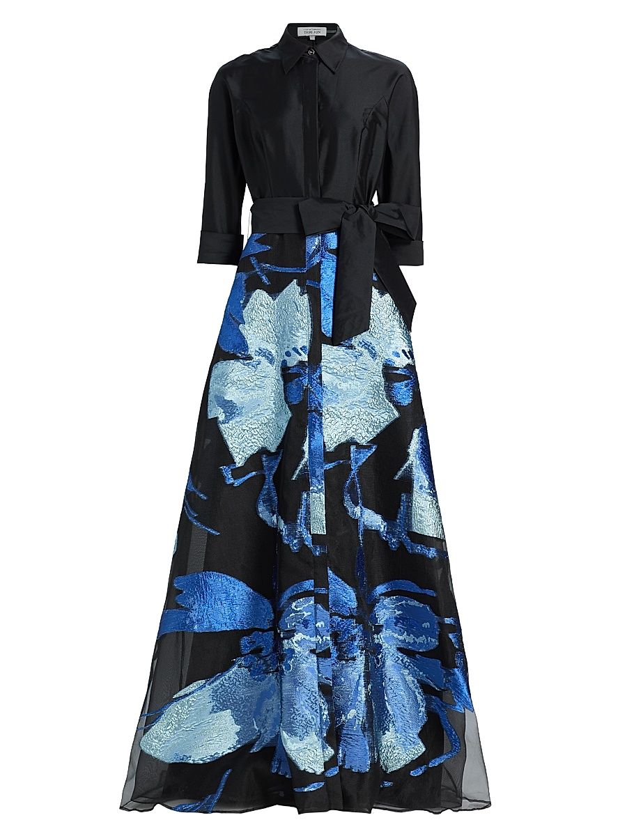 Women's Floral Taffeta A-Line Gown - Black Multi - Size 16
