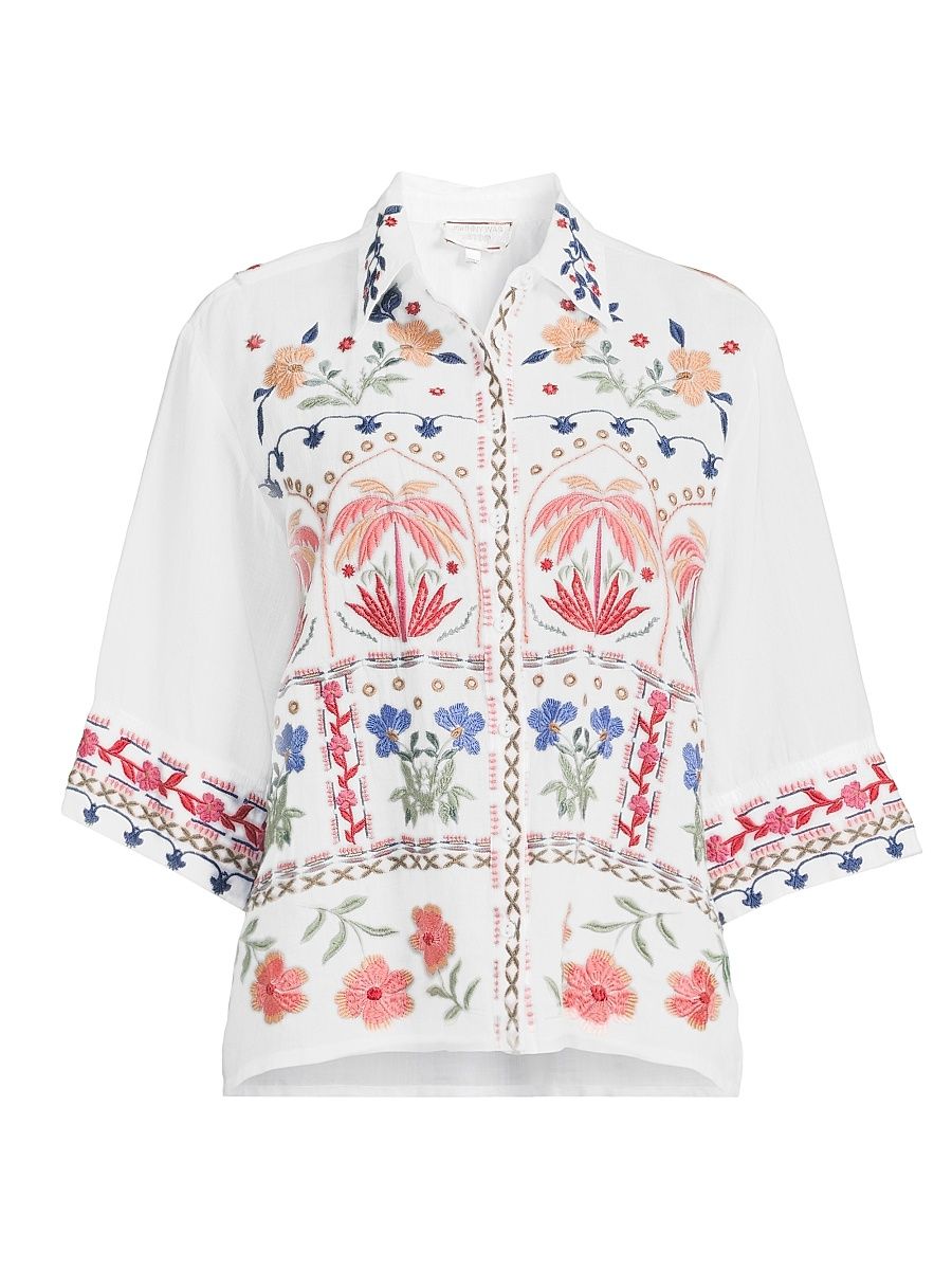 Women's Isla Embroidered Button-Front Shirt - White - Size Large