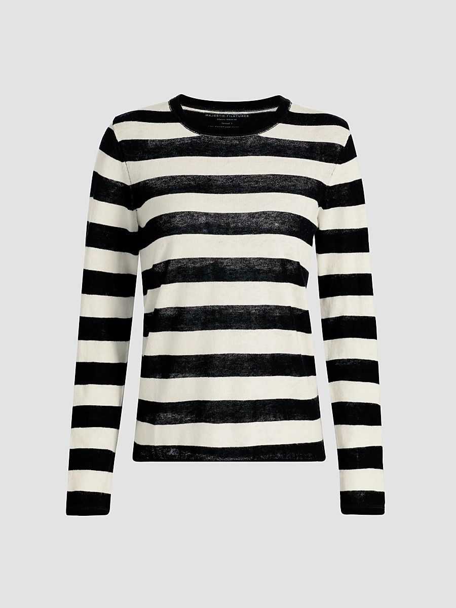 Majestic Filatures Women's Stripe Cashmere Long-Sleeve T-Shirt - Noir Milk - Size XS