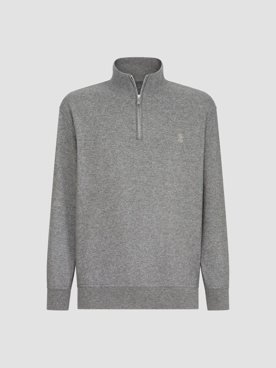 Brunello Cucinelli Men's Cashmere Jersey Sweater with Half Zip and Embroidered Logo - Stone Grey - Size XXL