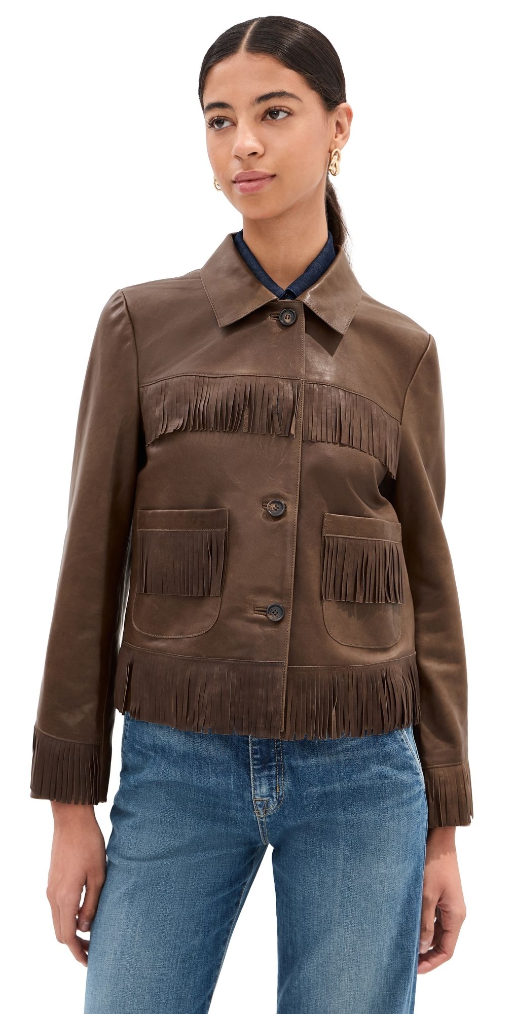 Nili Lotan Lazare Fringe Leather Jacket Dark Brown XS