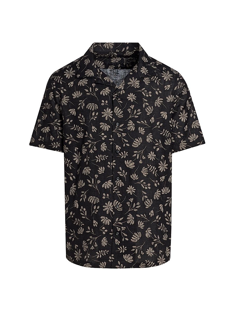 Men's Floral Woven Linen Camp Shirt - Black Cream - Size XXL
