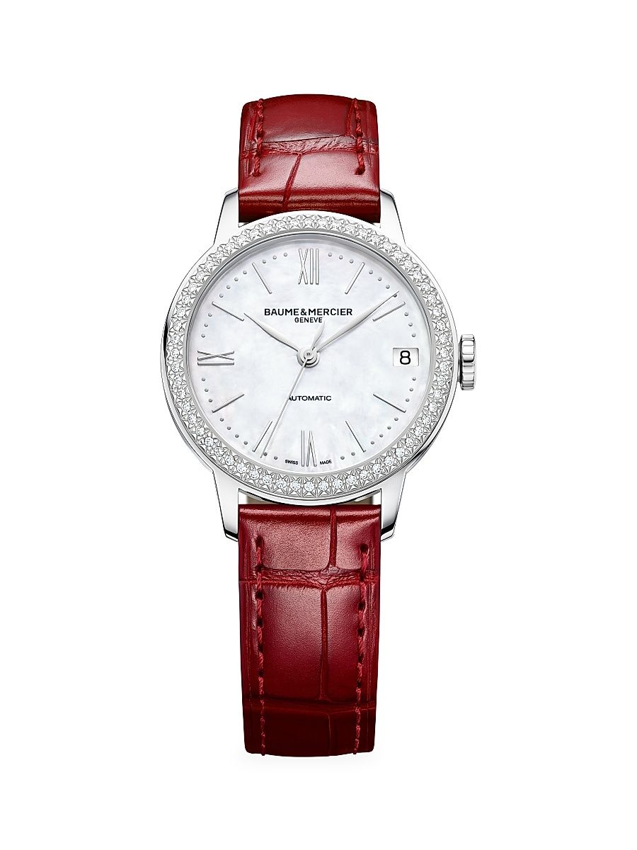 Women's Classima Stainless Steel, Diamond Bezel & Alligator Strap Watch - Red