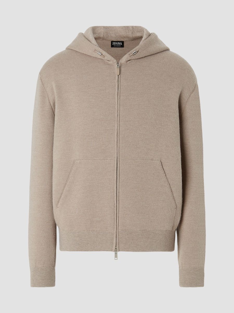 ZEGNA Men's Cashmere and Cotton Full Zip Hoodie - Light Taupe - Size 46