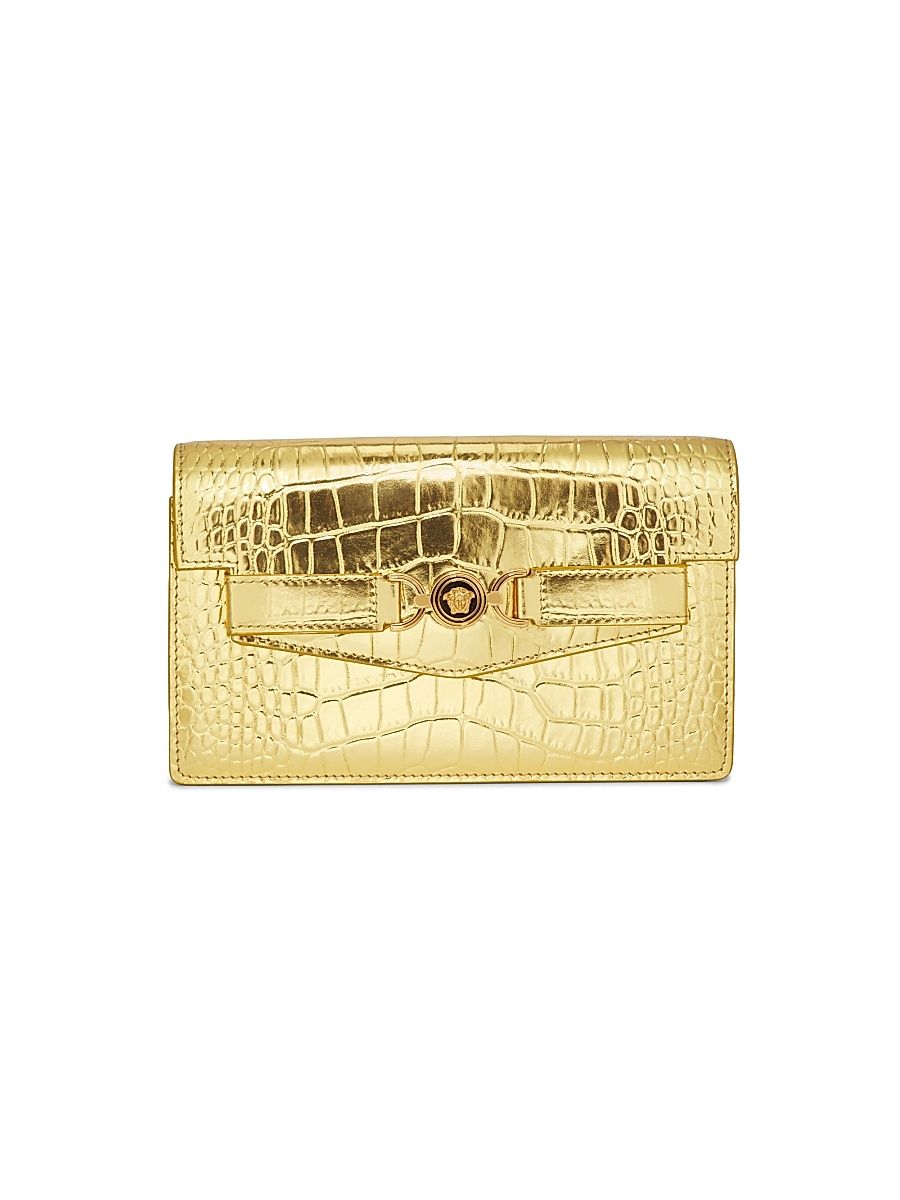 Women's Laminated Croc-Embossed Leather Chain Wallet - Gold Versace Gold
