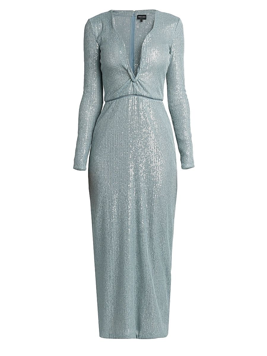 Women's Sequined Long-Sleeve Midi Dress - Silver Cloud - Size 14