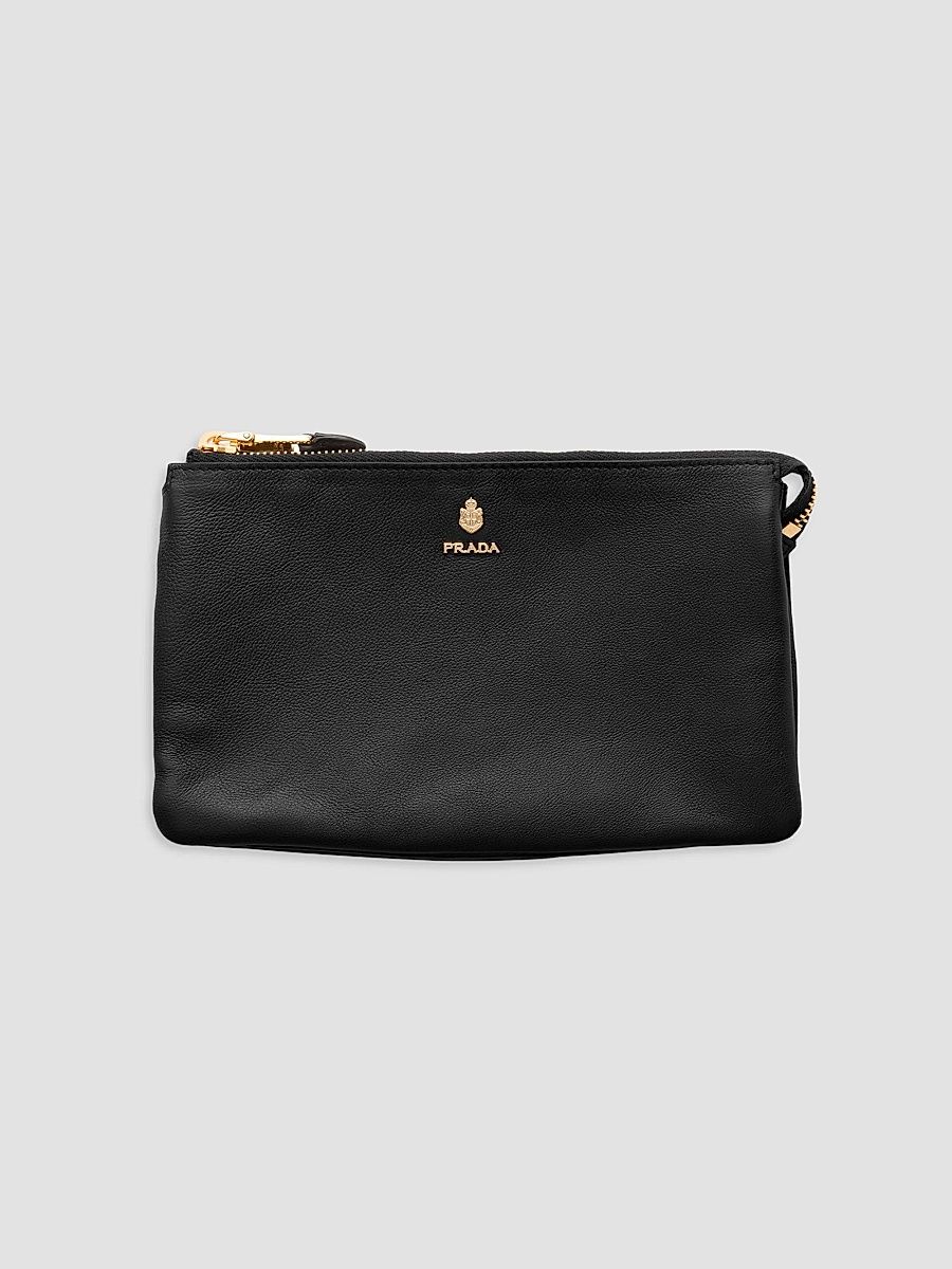 Women's Leather Zipper Pouch - Black