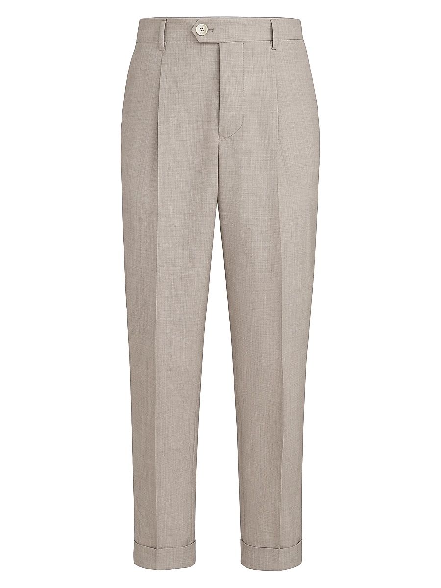 Men's Virgin Wool Fresco Trousers with Pleats - Brown - Size 38