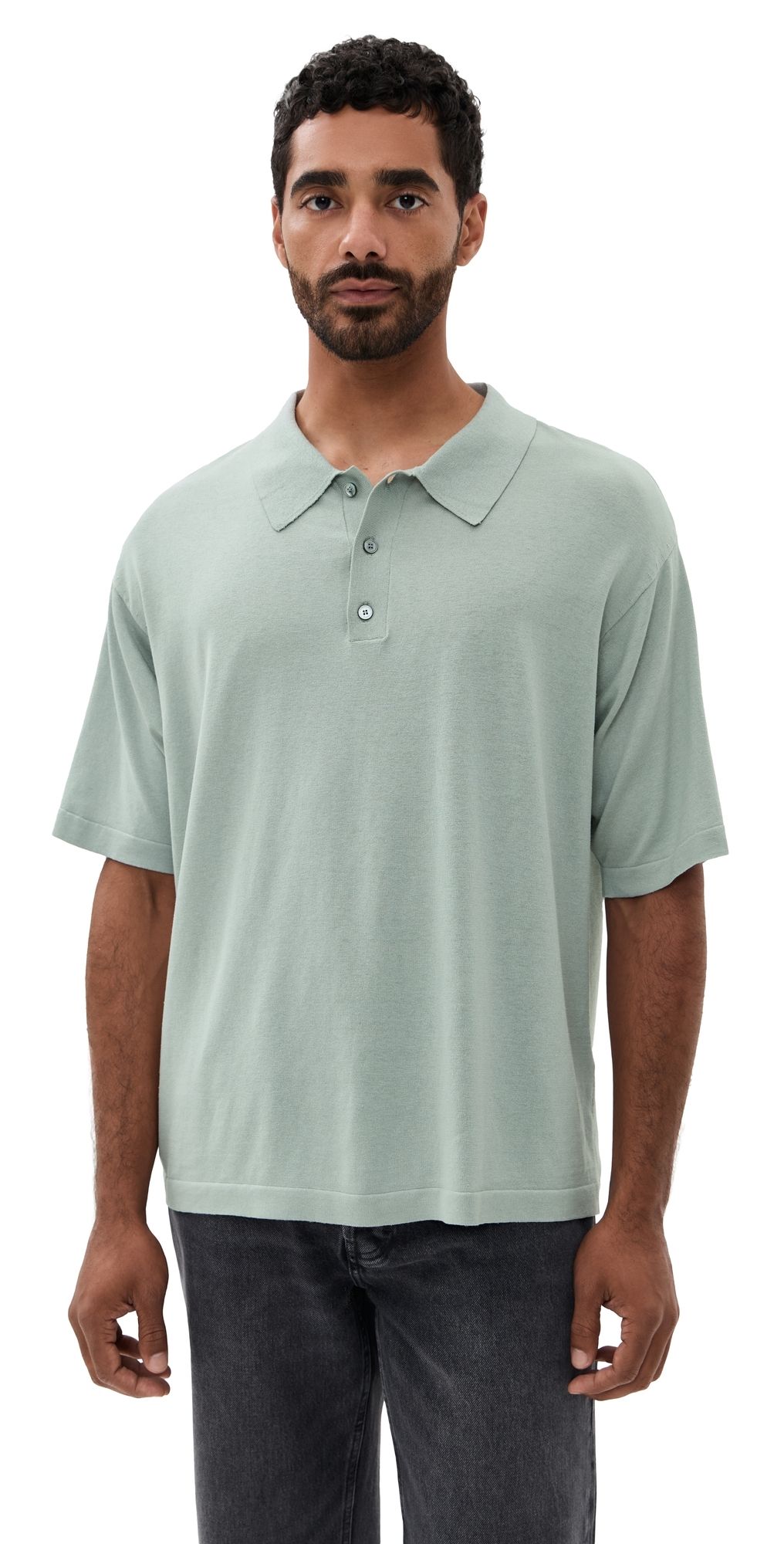 FRAME Cotton Silk Polo Sweater Grey Blue M