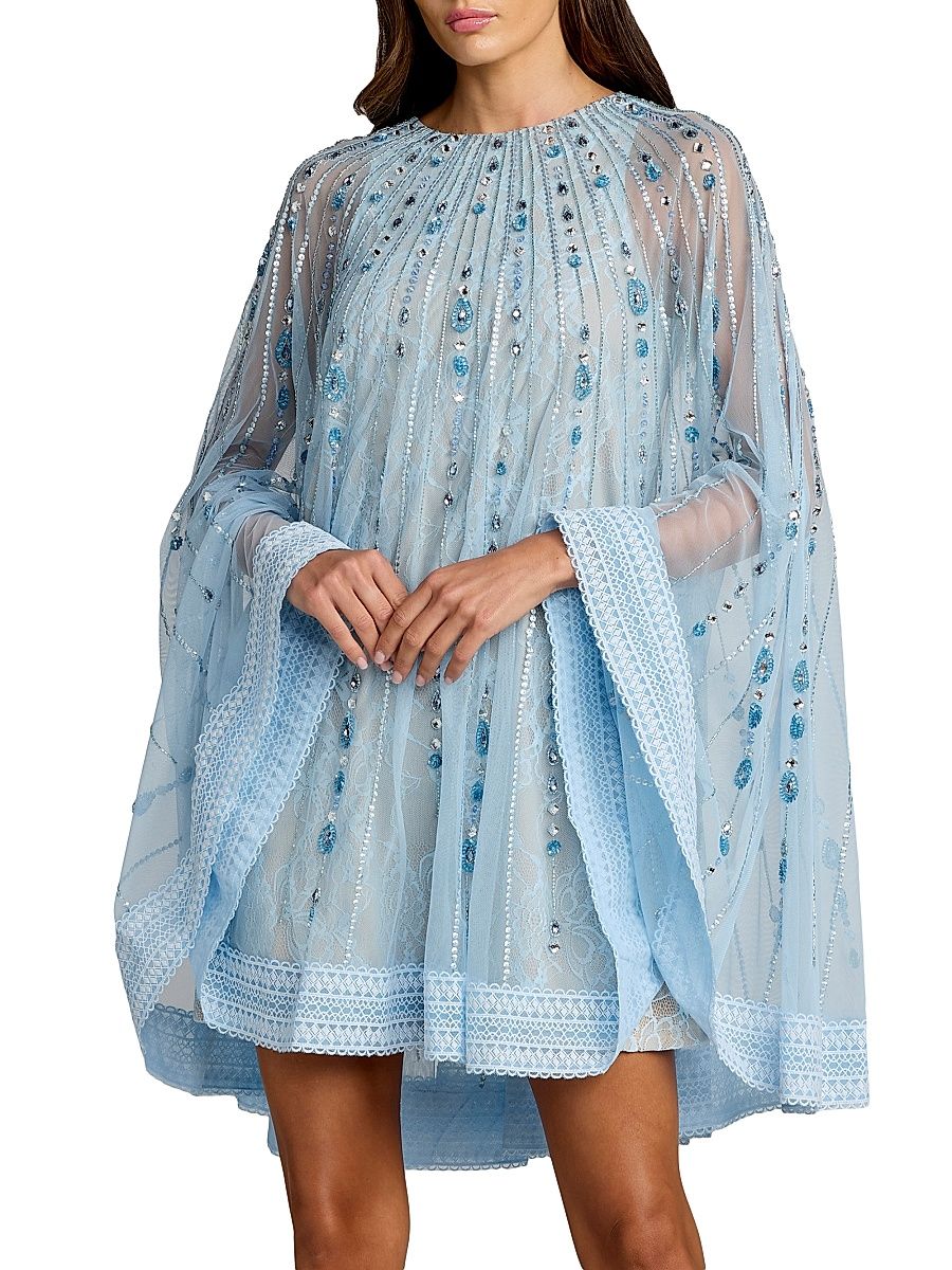 Women's Embellished Lace A-Line Trapeze Minidress - Powder Blue Beige - Size XL