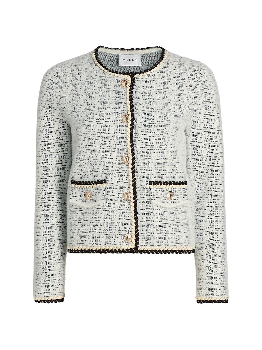 Women's Braided-Trim Tweed Cardigan - Ecru Black - Size Large