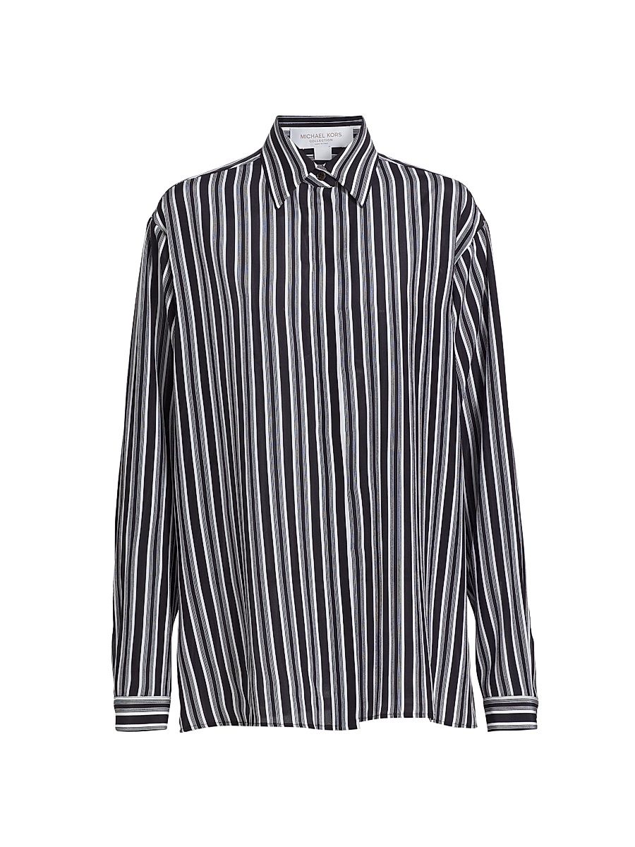 Women's Striped Silk Boyfriend Shirt - Black Optic White - Size 10