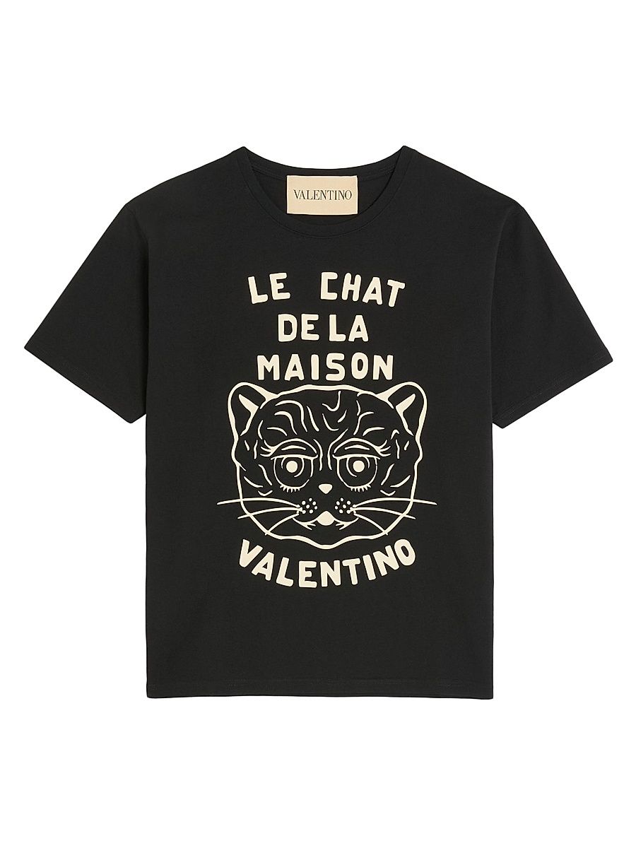 Men's Cotton T-Shirt with Chat De La Maison Print - Black - Size Medium