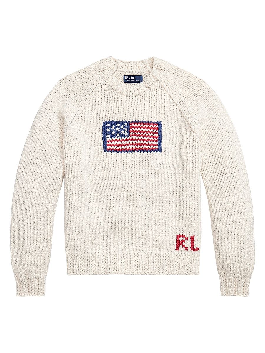 Men's American Flag Crewneck Cotton Sweater - Cream Combo - Size Large