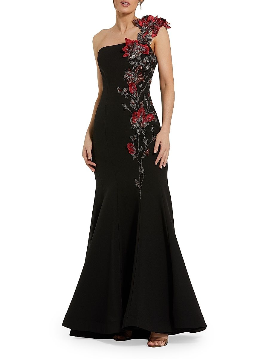 Women's Embellished Floral Crepe Mermaid Gown - Black Multi - Size 12
