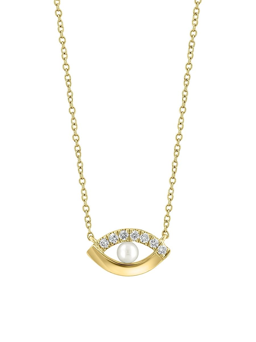Women's 14K Yellow Gold, 3MM Freshwater Pearl, & 0.07 TCW Diamond Evil Eye Pendant Necklace - Yellow Gold