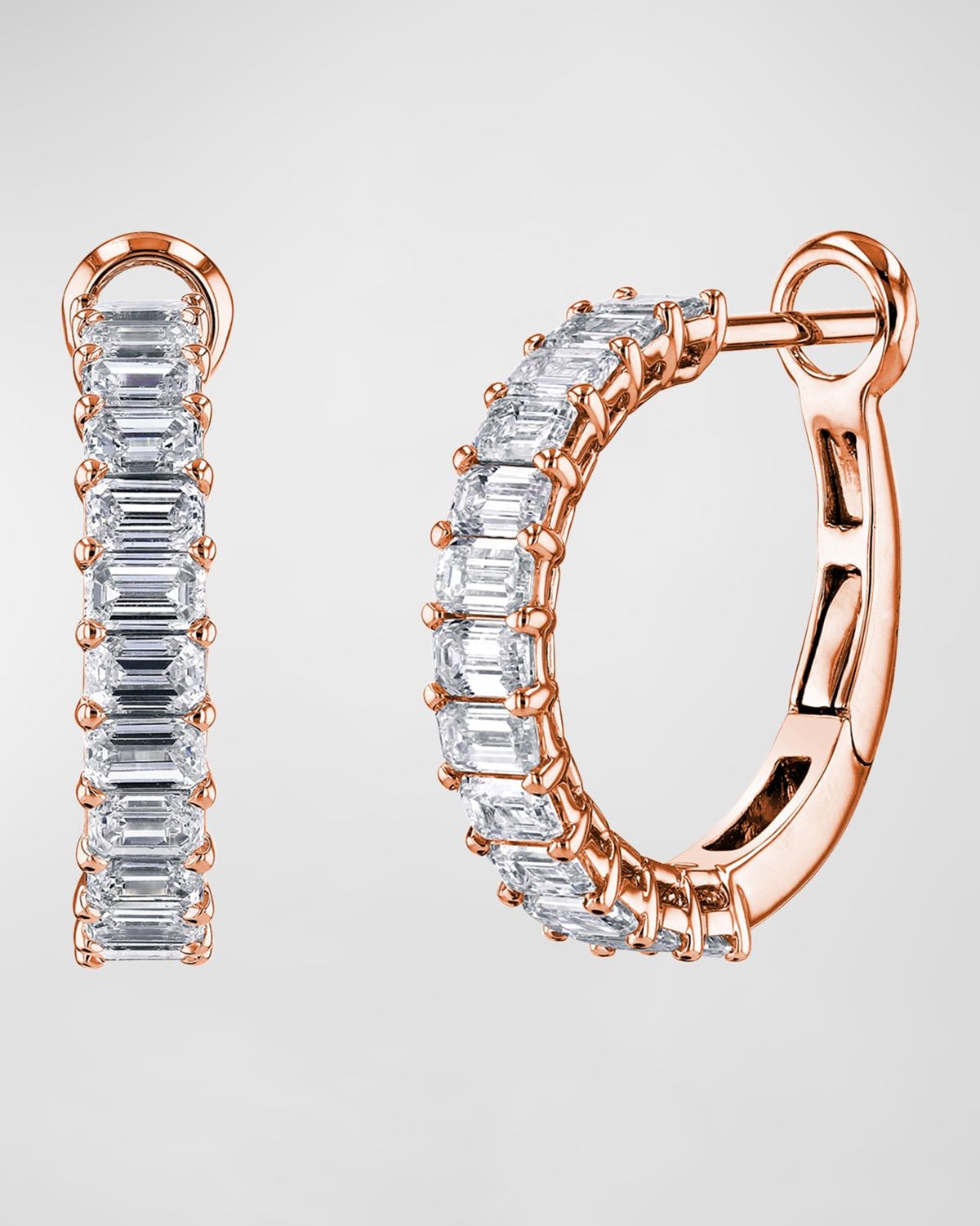 18K White Gold Emerald-Cut Diamond Halfway Huggie Hoop Earrings, 2.6tcw/0.75"L