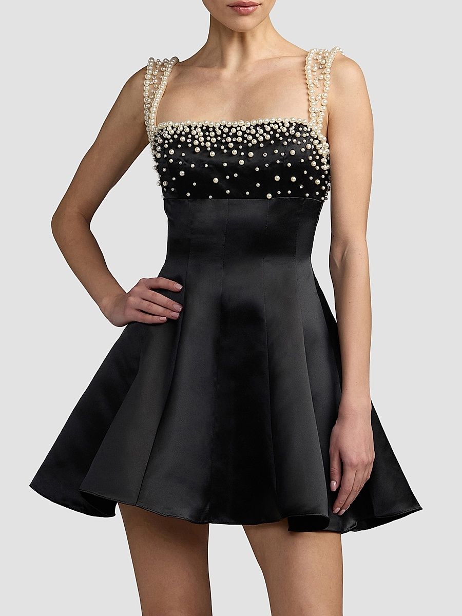 Women's Embellished Satin A-Line Minidress - Black - Size 2