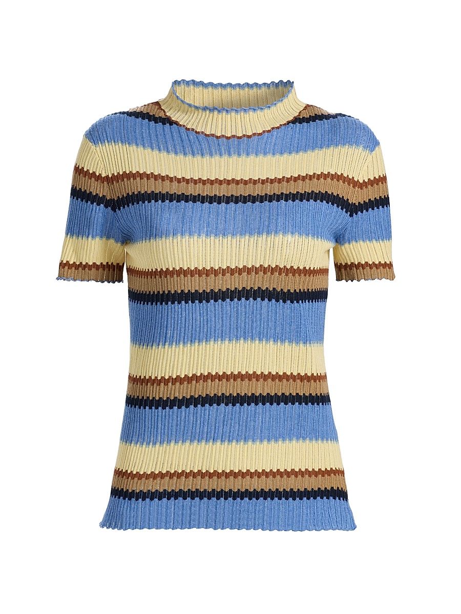 Women's Palazzo Stripe Accordion Silk-Linen Knit Top - Delft Blue Combo - Size XL