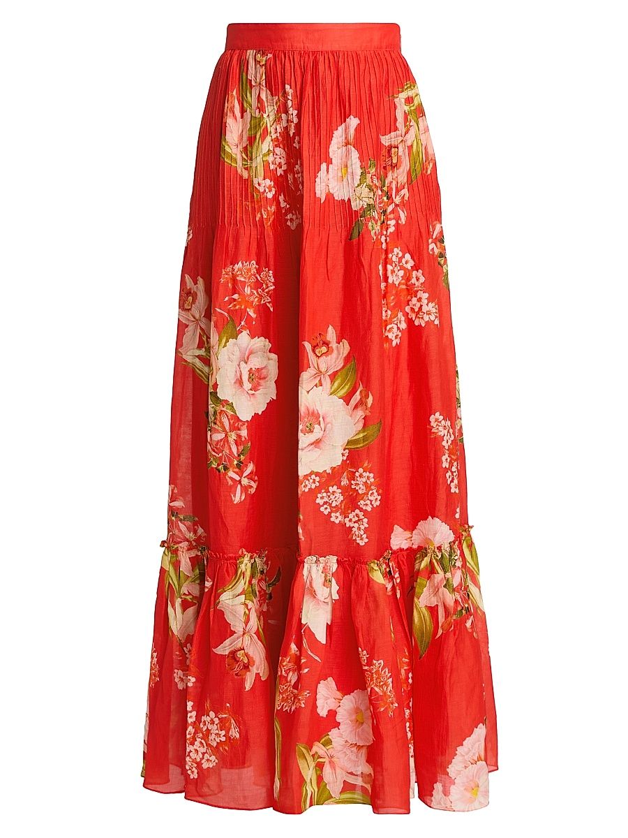 Women's Floral Pintuck Maxi Skirt - Orange - Size XL