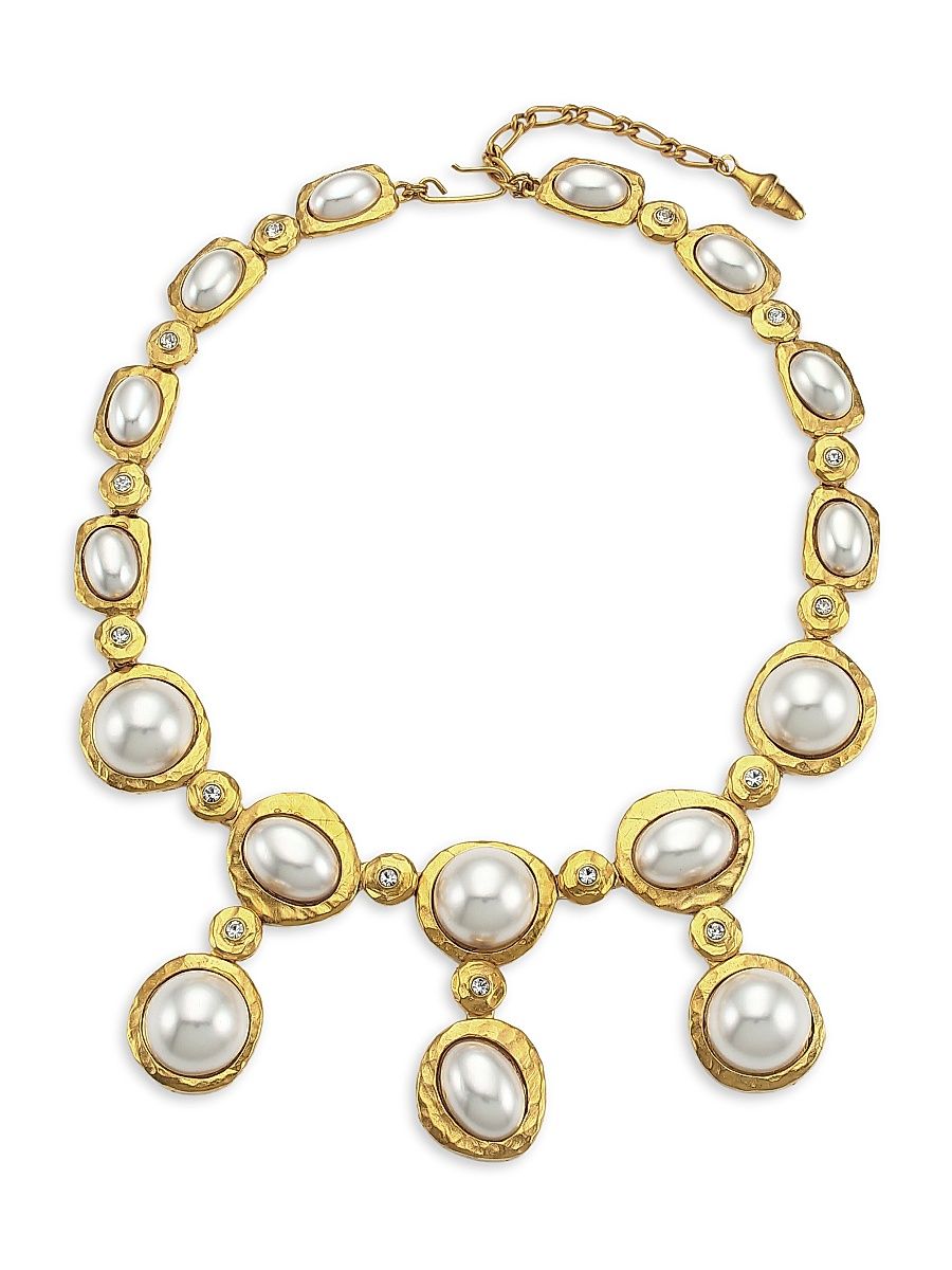 Women's Satin Goldplated, Faux Pearl Cabochon & Crystal Drop Necklace - Satin Gold White Pearl