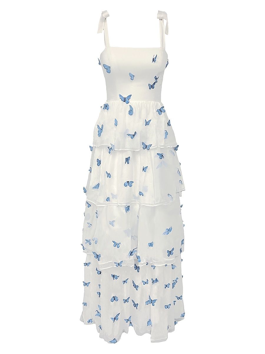 Women's Monica Embroidered Silk Sleeveless Gown - White Blue - Size XL