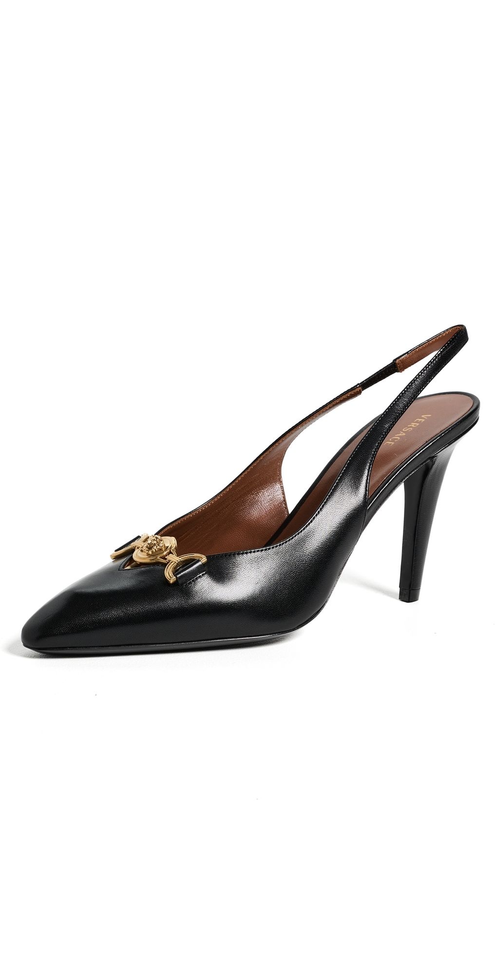 Versace Lamb Leather Sling Back Heels Black/Vibrated Gold 41