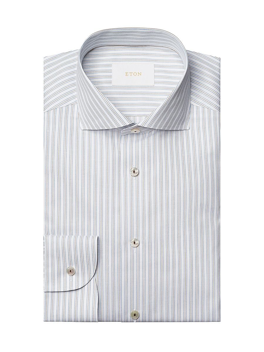 Men's Contemporary-Fit Stripe Cotton-Linen Shirt - Brown - Size 17