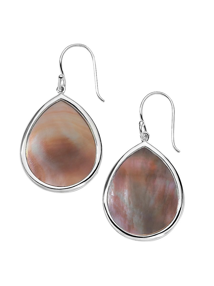 Women's Polished Rock Candy Sterling Silver & Brown Shell Small Teardrop Earrings - Silver