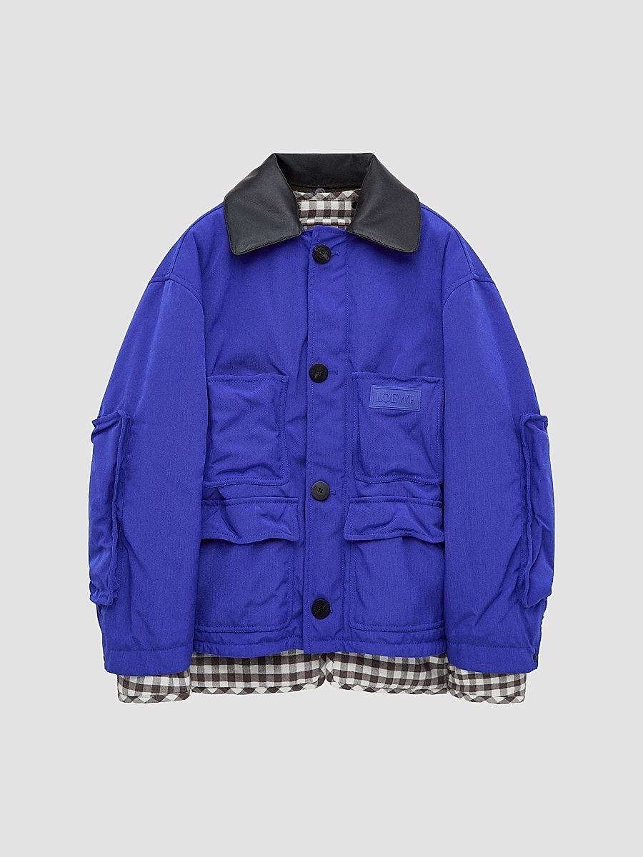 LOEWE Men's Gingham-Trim Parka - Blue - Size 40