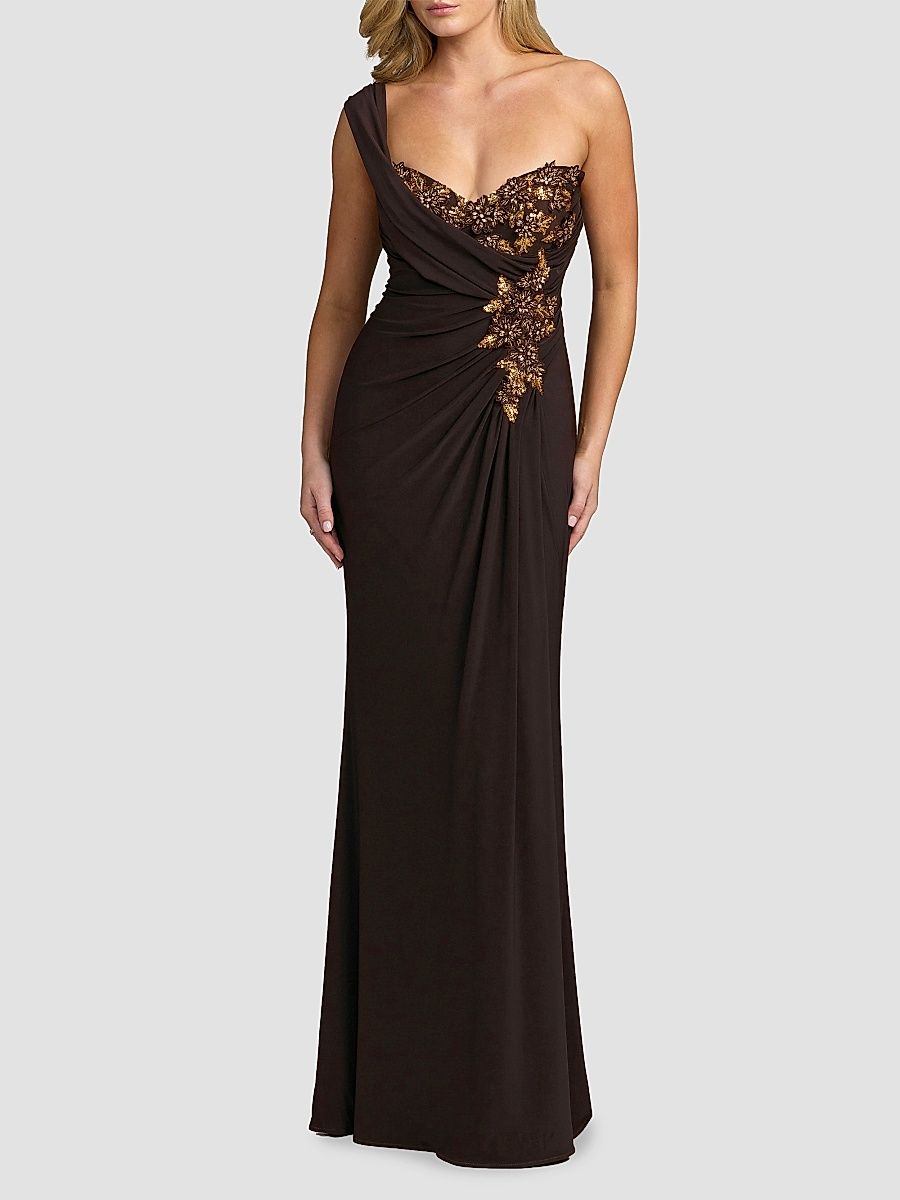 Women's Embellished One-Shoulder Draped Gown - Chocolate - Size 12