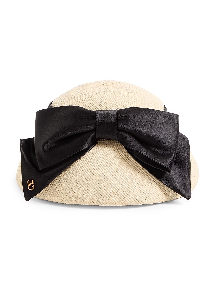Women's Vlogo Signature Panama Bucket Hat with Satin Bow - Natural Black - Size Large