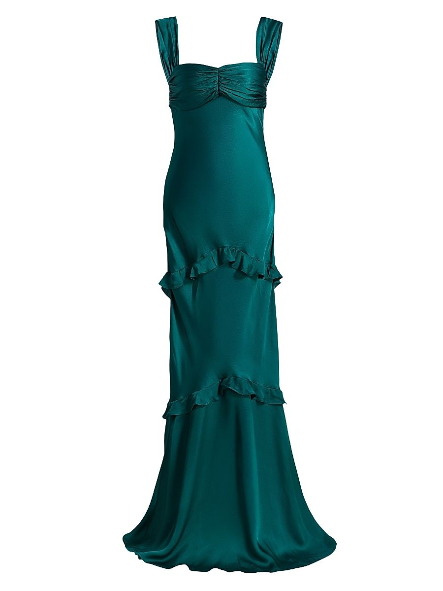 Women's Selma Ruffled Silk Maxi Dress - Midnight Green - Size 8