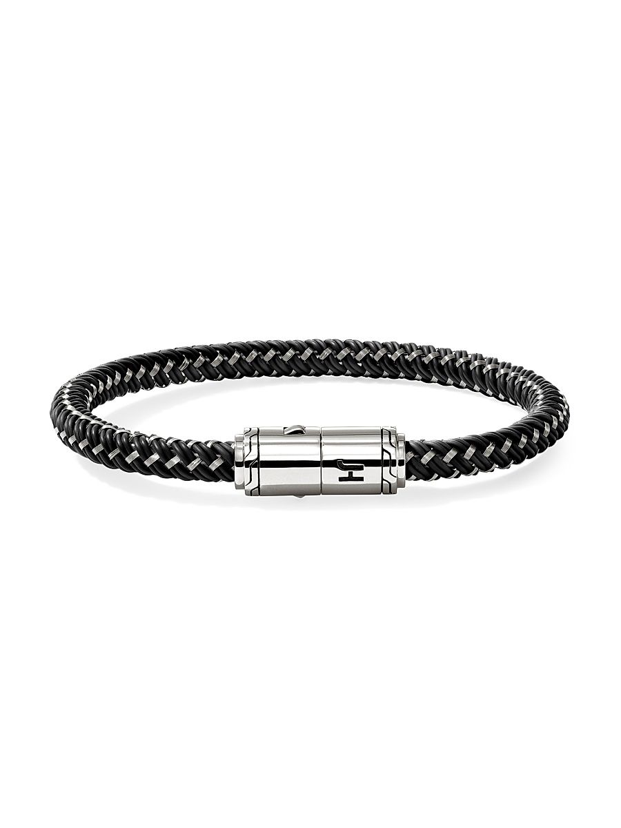 Men's Sterling Silver & Rubber Cord Bracelet - Black - Size XL
