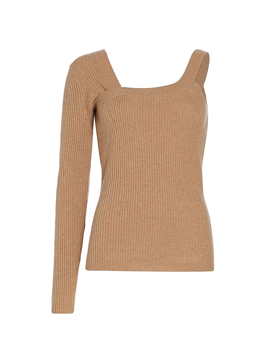 Women's Wool-Cashmere Ribbed Asymmetrical Sweater - Hazelnut - Size Small