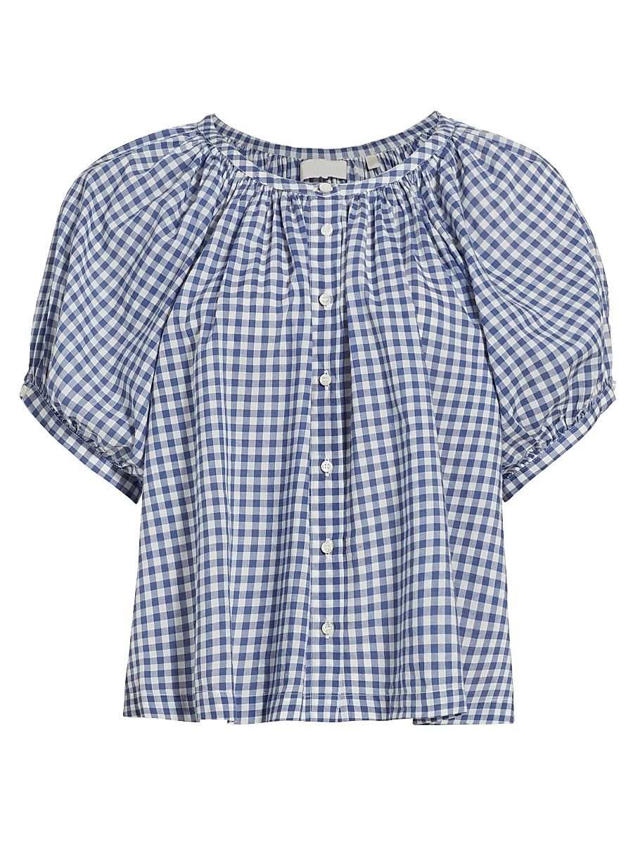 Women's June Gingham Puff-Sleeve Top - Blue Gingham - Size XL