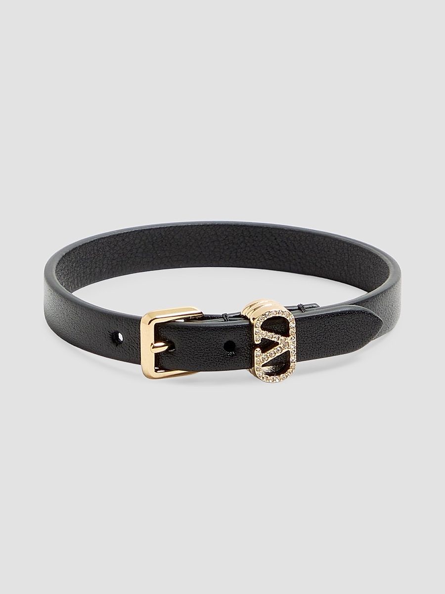 Women's Valentino Garavani Ovalette Bracelet in Leather and Swarovski Crystals - Black
