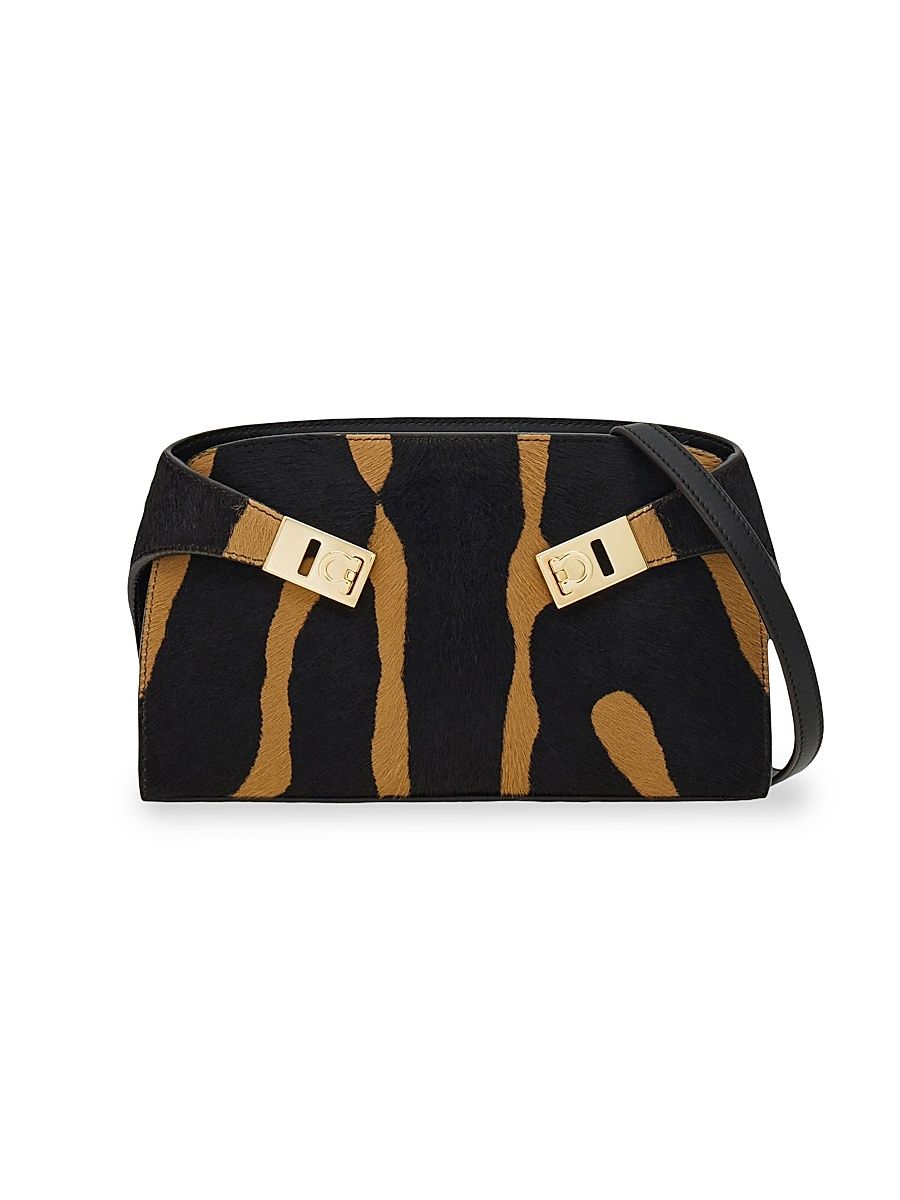 Women's Hug Zebra-Stripe Gancini Calf Hair Crossbody Bag - Kamari Beigetesta Di Moro