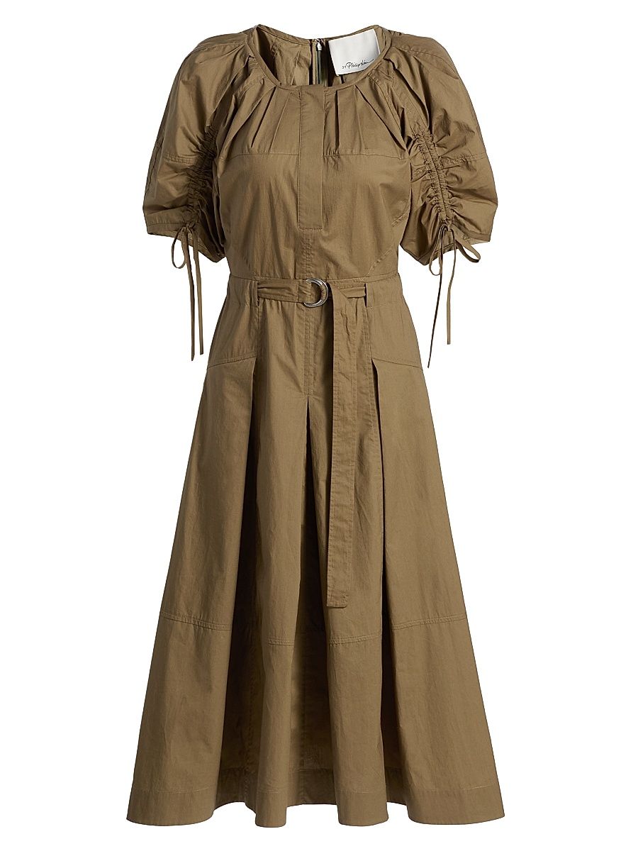 Women's Ruched-Sleeve Belted Poplin Cotton Midi-Dress - Caper - Size 12