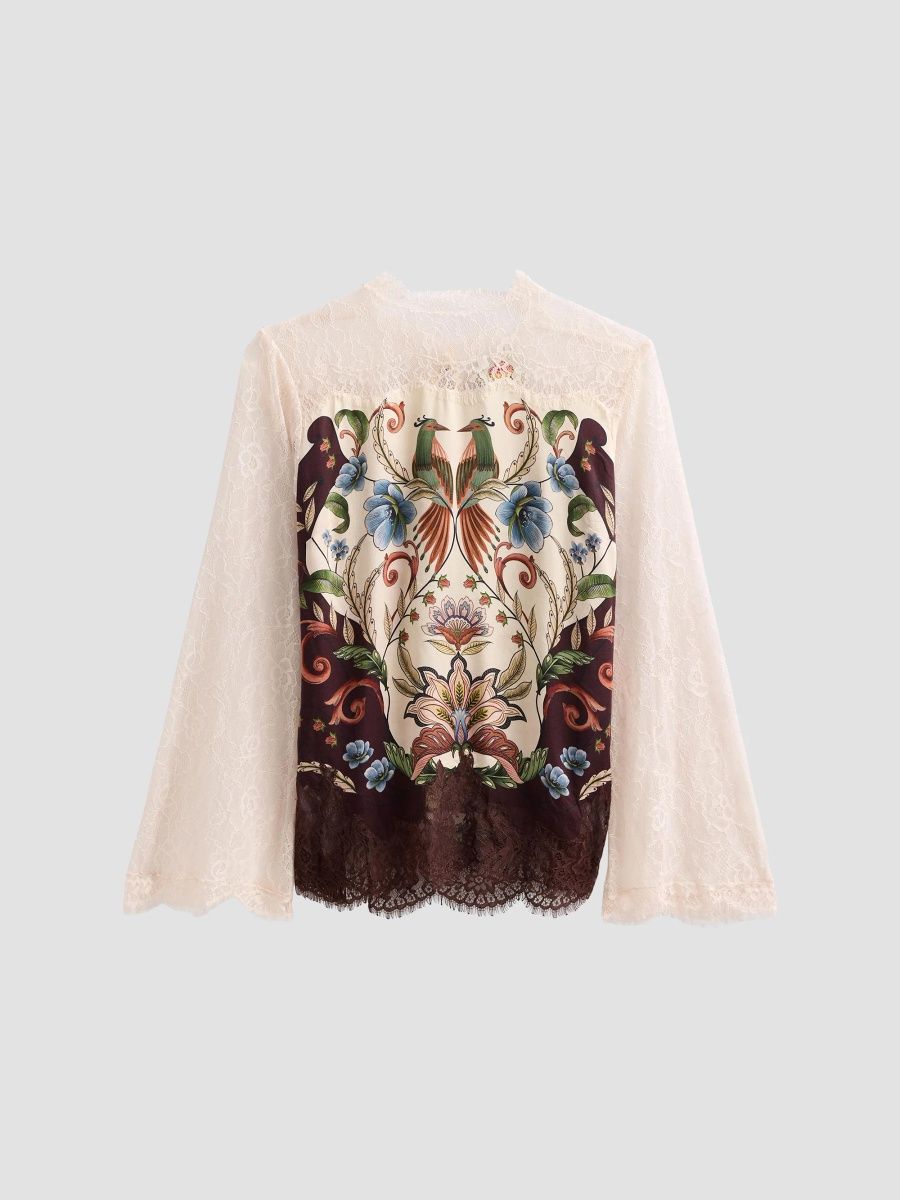 Farm Rio Women's Millena Botanical Print Satin-Lace Blouse - Off White - Size Medium