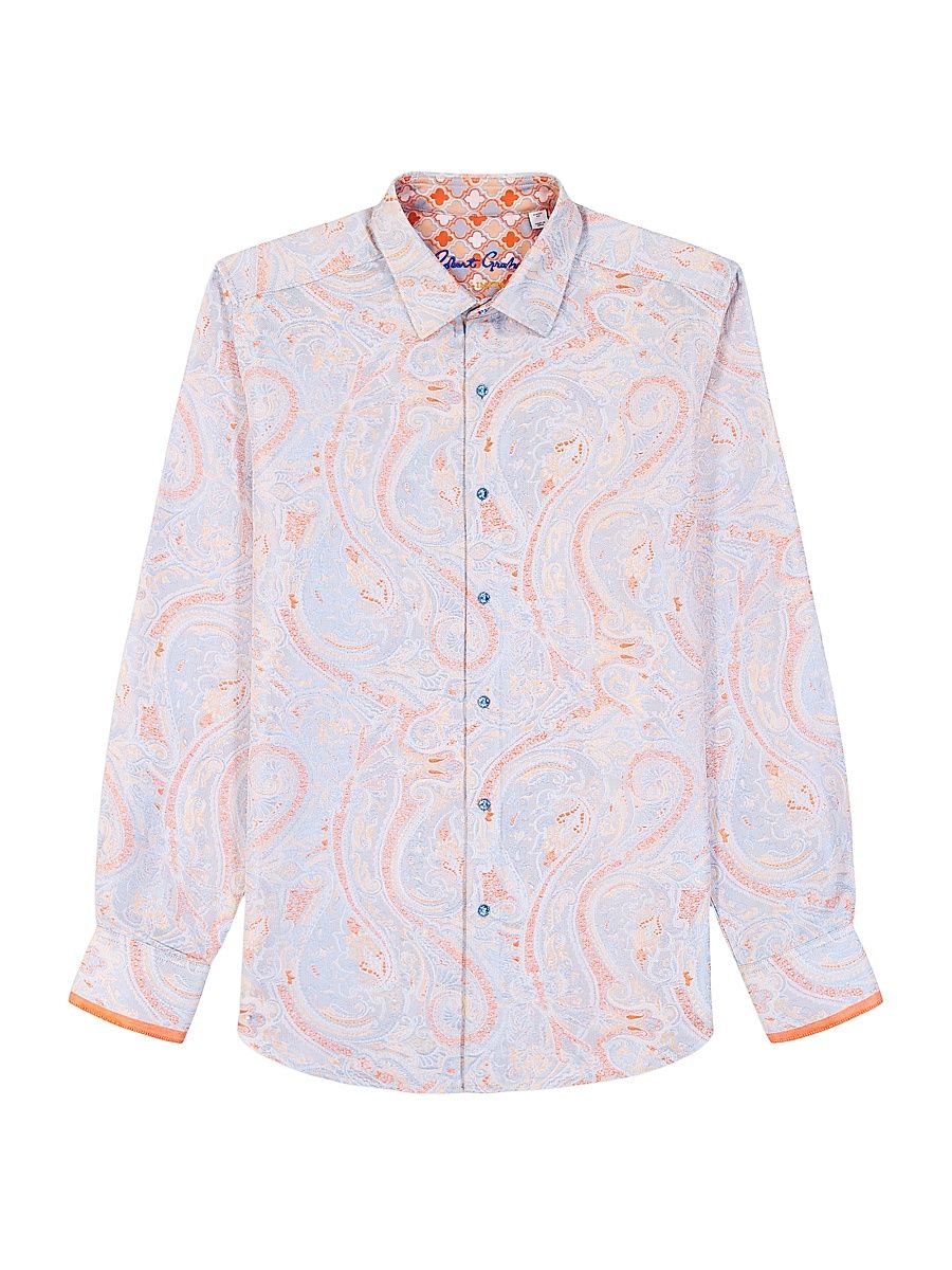 Men's Paisley Woven Button-Front Shirt - Orange - Size XXL