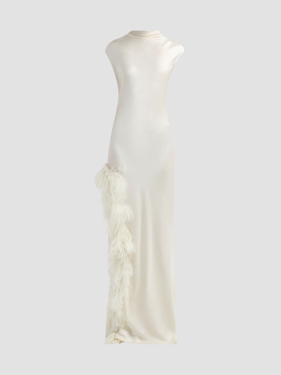 LaPointe Women's Satin Feather-Trimmed Slip Gown - Cream - Size 8