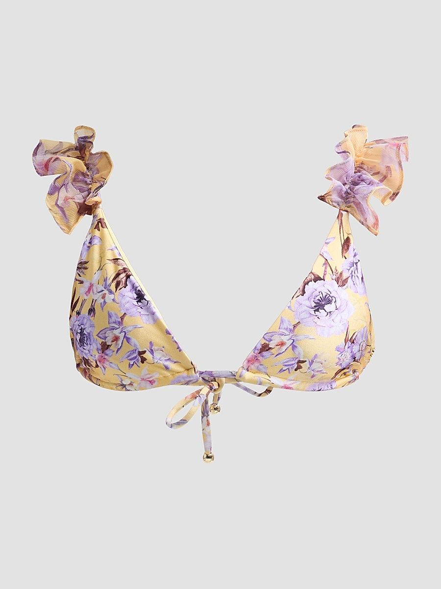 Women's Peony Print Flower-Embellished Bikini Top - Yellow - Size Large