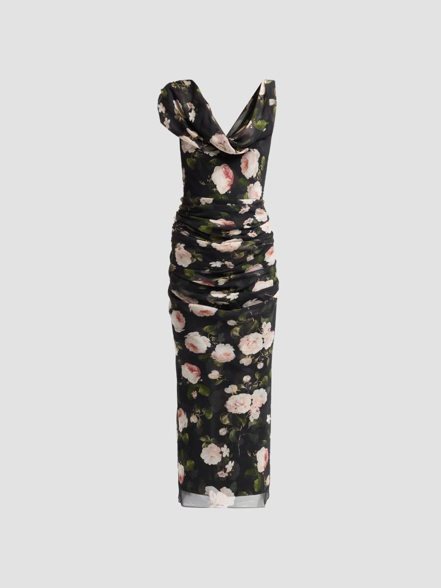 Carolina Herrera Women's Floral Silk Ruched Midi Dress - Black Multi - Size 16